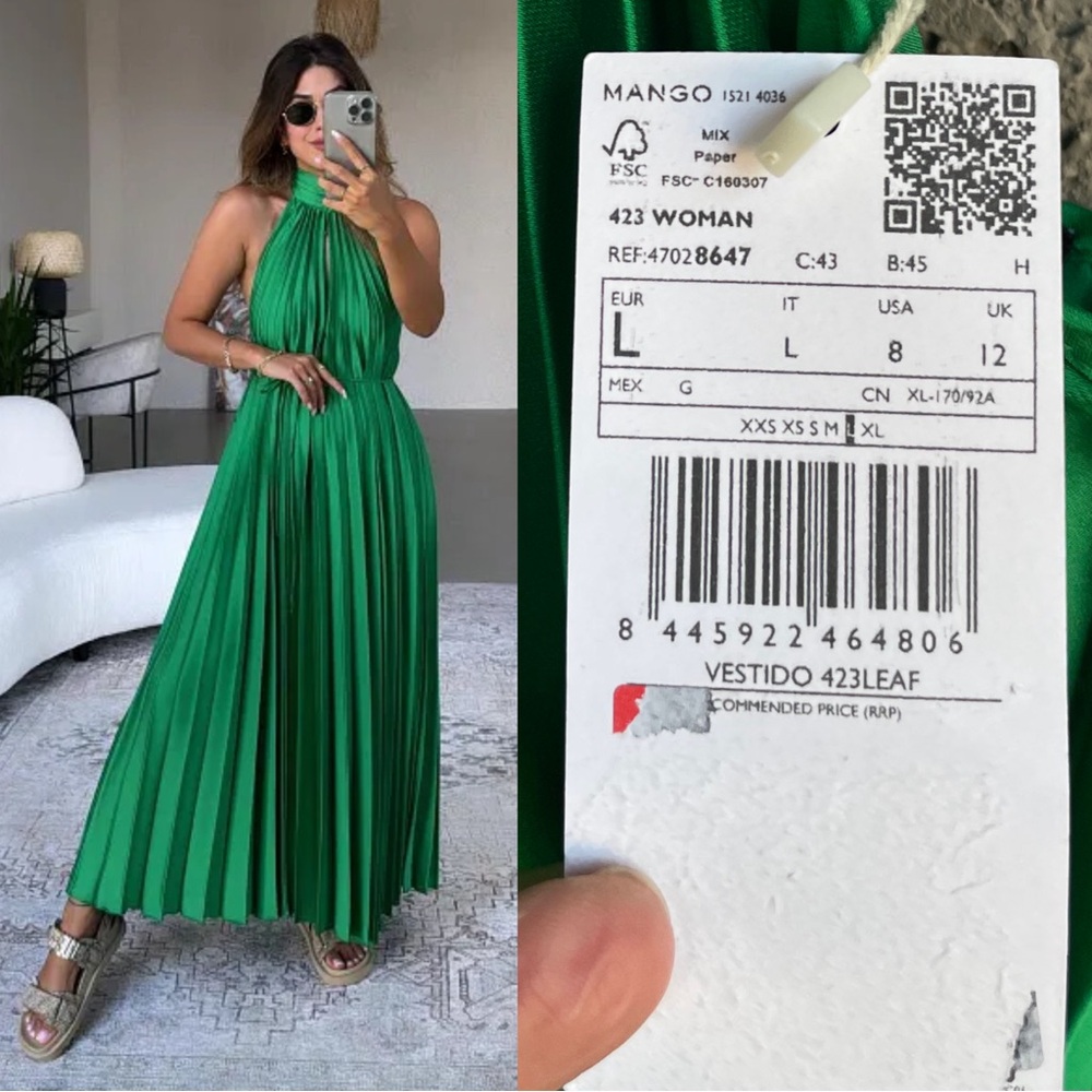 MANGO NWT BLOGGER FAVE Green Pleated Tie Neck Halter Midi Dress Sz 8 - Picture 14 of 17